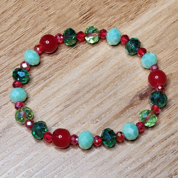 Christmas Crystal Beads Beaded Bracelet Handmade Red & Green - Picture 4 of 4